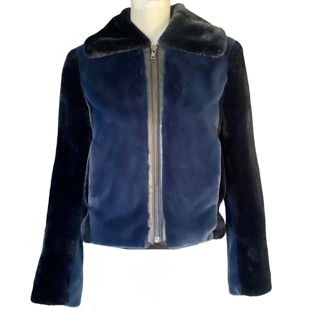 Bailey 44 Blue & Black Faux Fur Cropped Jacket Zip Front Designer Coat Small